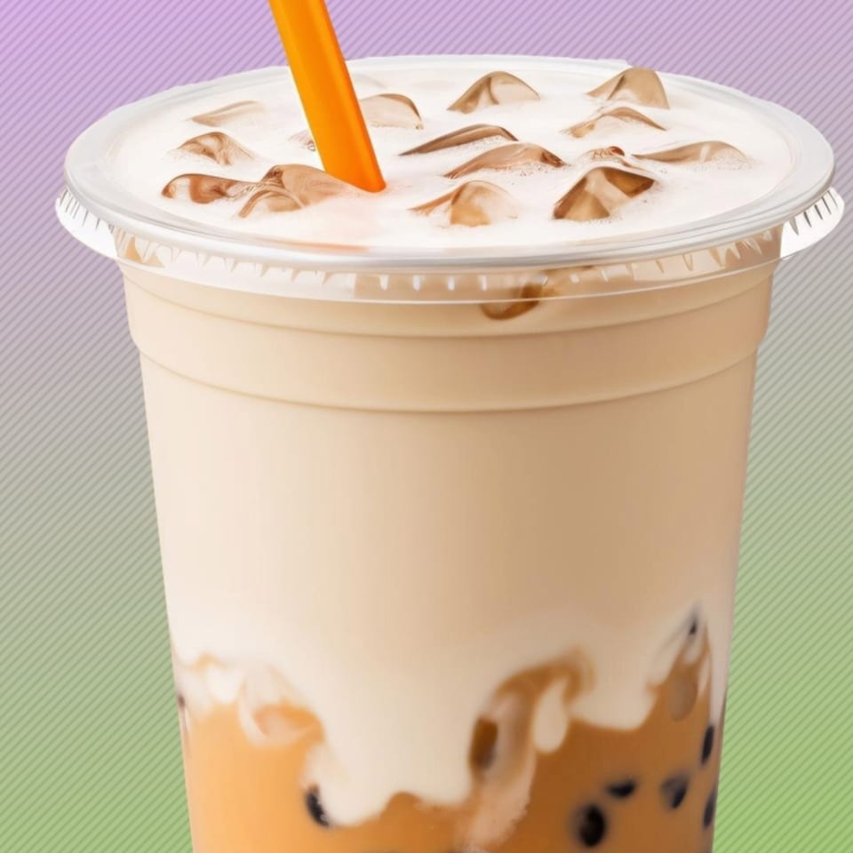 Close-up of a boba tea with a creamy top layer, ice, and an orange straw.