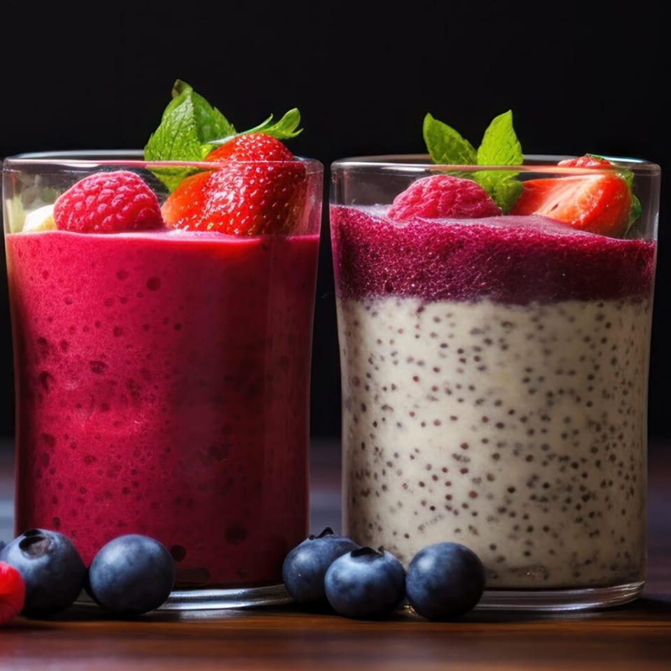 Two berry smoothies, one red and one layered, garnished with fresh berries and mint.