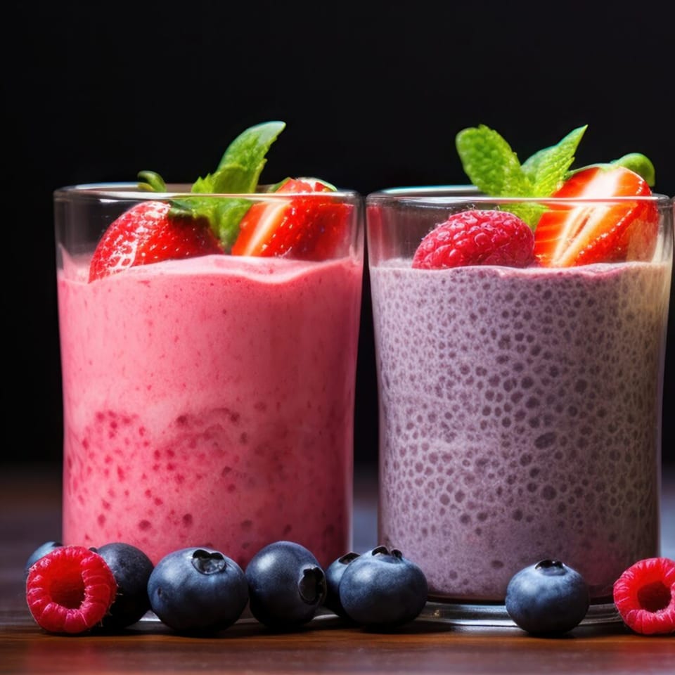 Two berry smoothies, one pink with strawberries and one purple with raspberries, garnished with mint.
