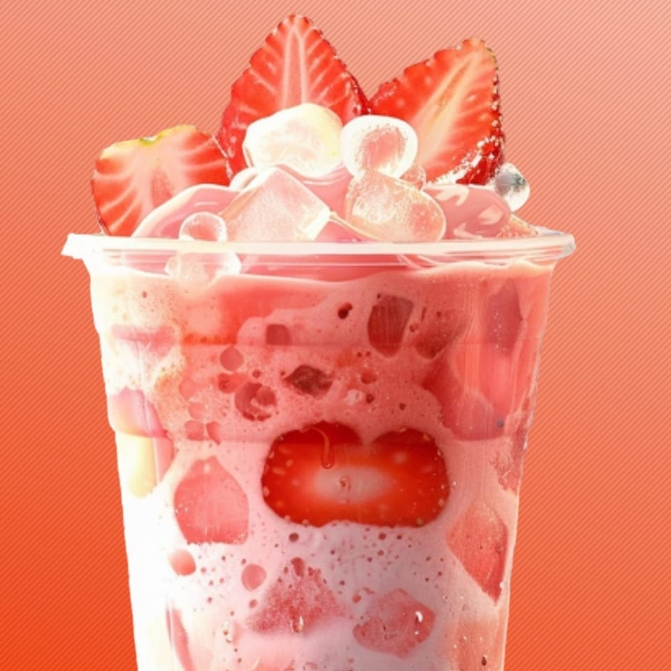Strawberry boba drink with fresh strawberry slices and boba pearls in a clear cup.