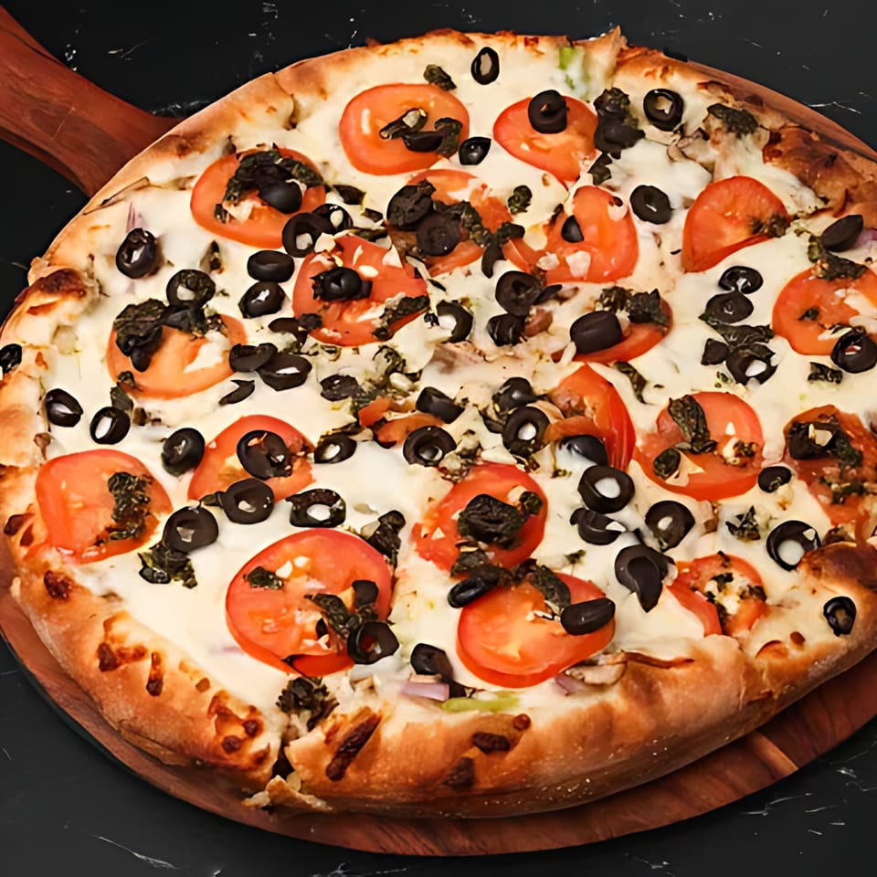 A whole pizza from Boba & Pizza Corner, topped with tomatoes, black olives, and cheese.