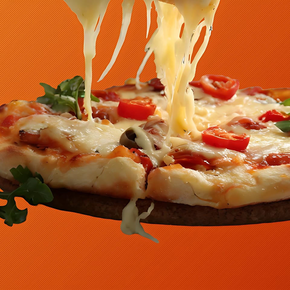 A slice of Boba & Pizza Corner's hot pizza with melted cheese stretching upwards.