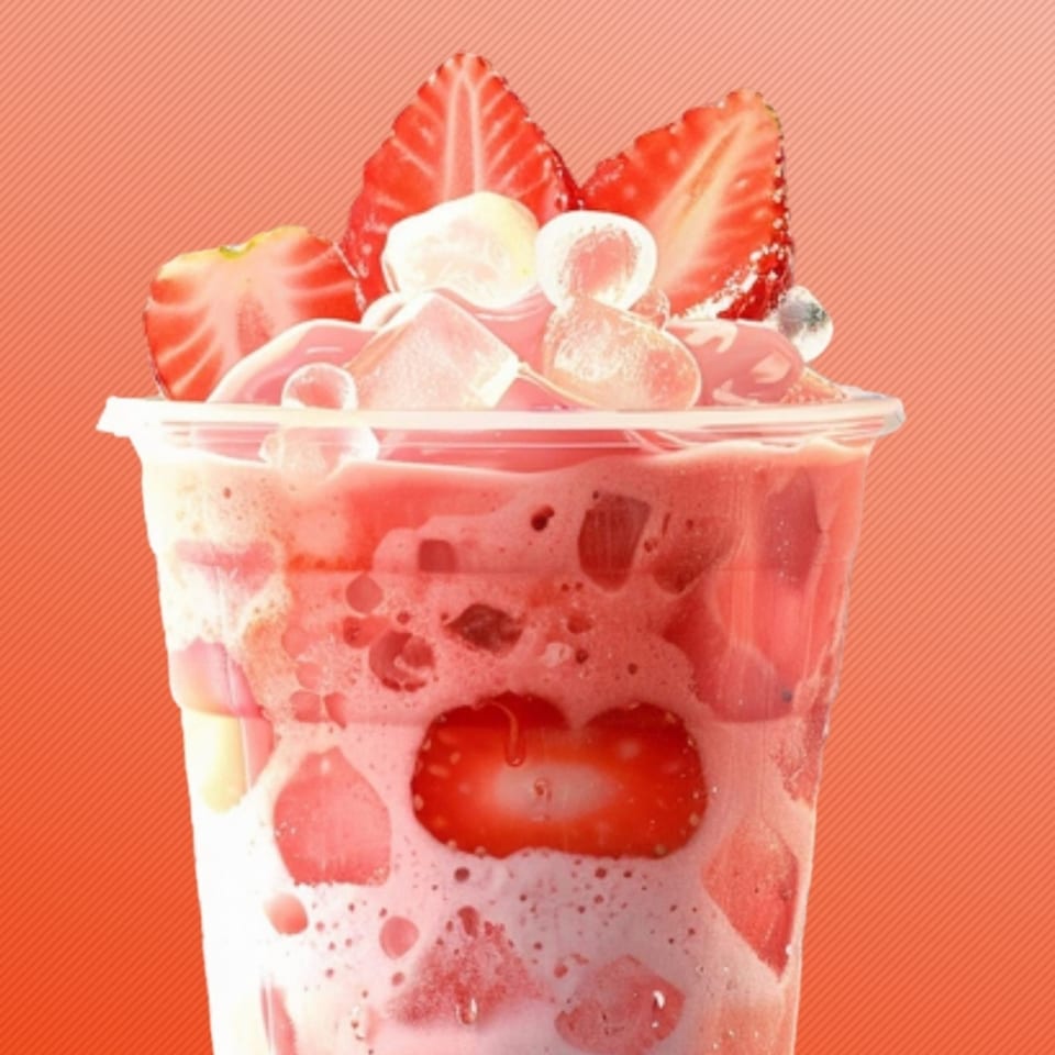 Strawberry boba tea with fresh strawberry slices and clear boba pearls in a plastic cup.